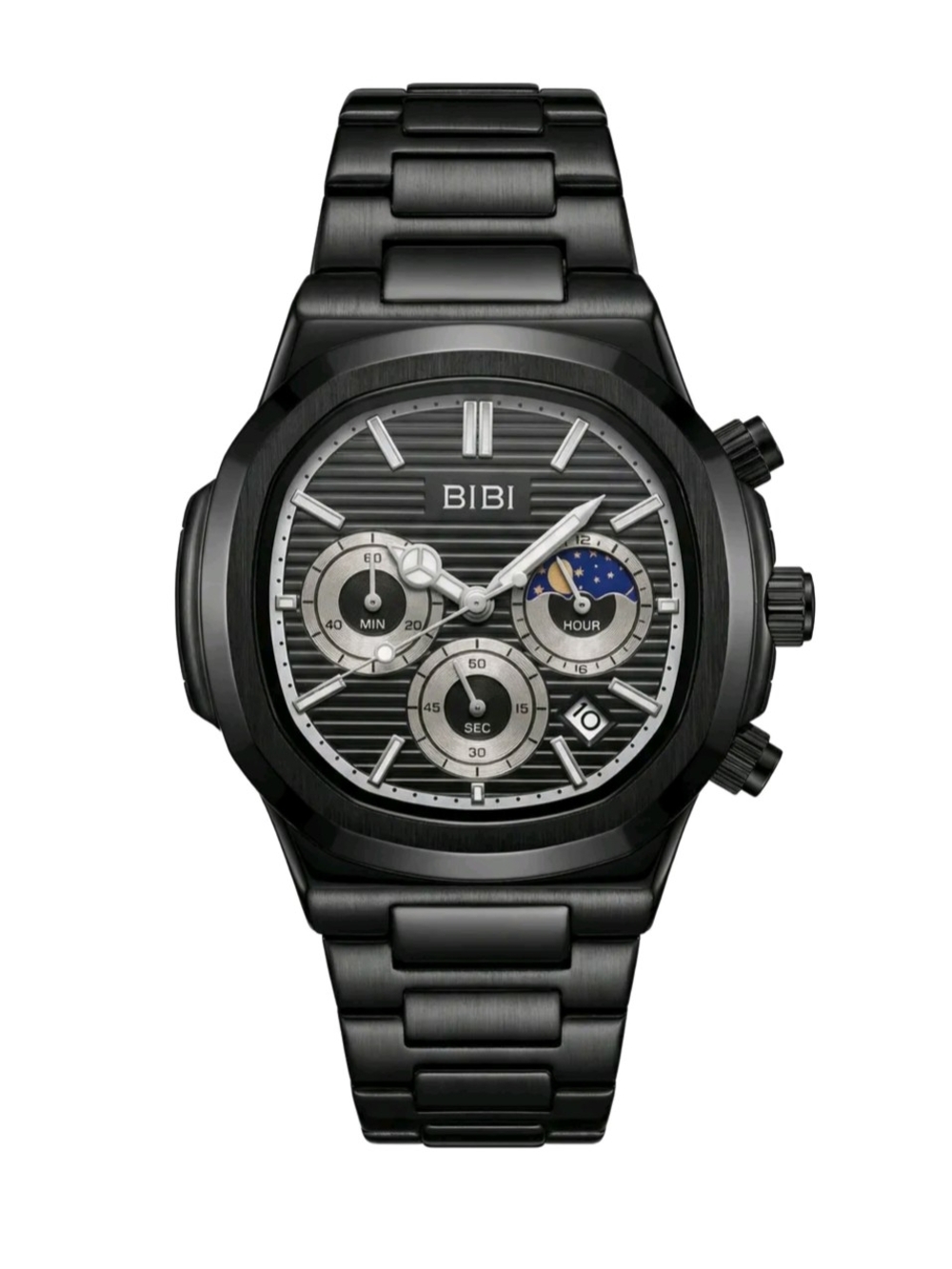 BiBi Black Stainless Steel Chronograph with Moonphase Accent